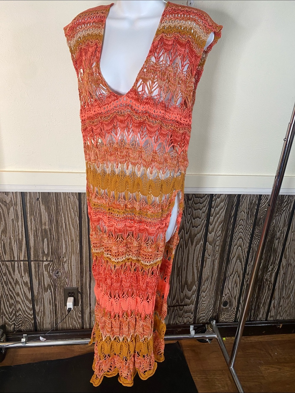 Free People Orange Coral Mustard Open-Knit Maxi Tunicu